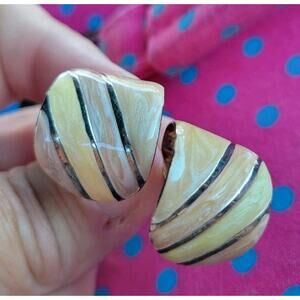 Vtg. 80s Earrings Pale Iridescent Abalone Shell Look Enamel Silver Tone Post